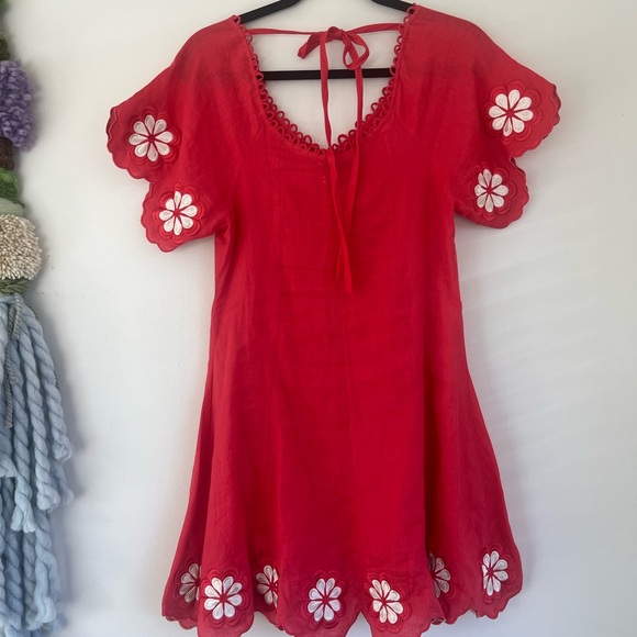 Innika Choo Madonna Phulnan Embroidered 100% Linen Floral Red Tea Dress - Picture 5 of 9